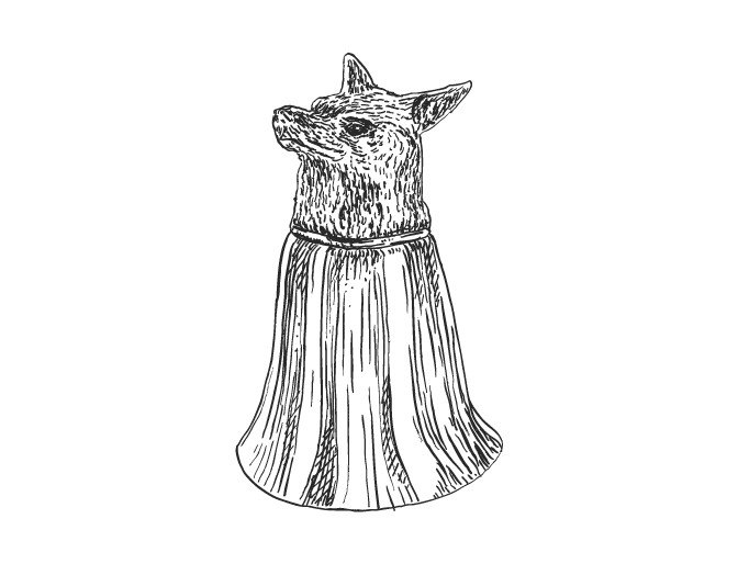 Illustration of a stirrup cup in the shape of a fox's head.