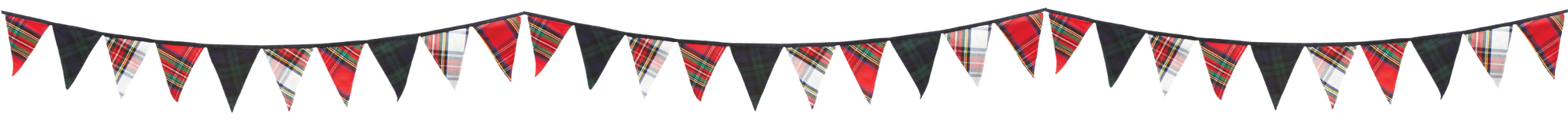 Decorative string of flags with plaids in red, white, and black colors.