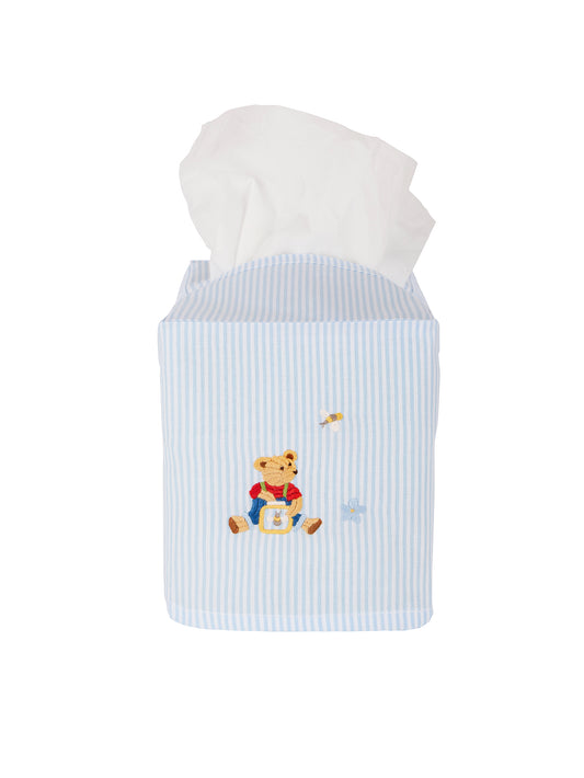 Teddy Bear Embroidered Blue Stripe Tissue Box Cover Weston Table