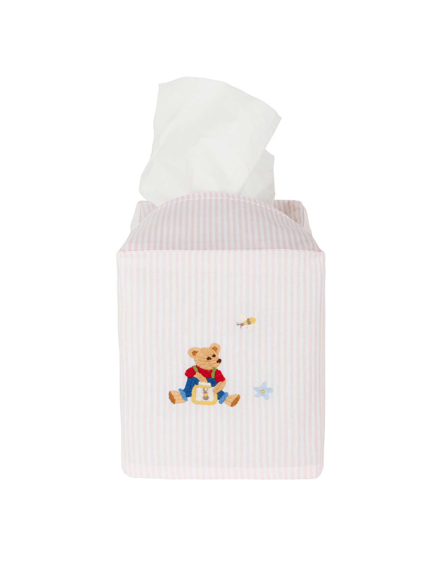 Teddy Bear Embroidered Pink Stripe Tissue Box Cover Weston Table