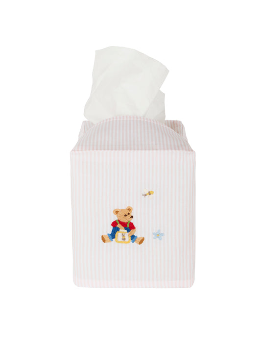Teddy Bear Embroidered Pink Stripe Tissue Box Cover Weston Table
