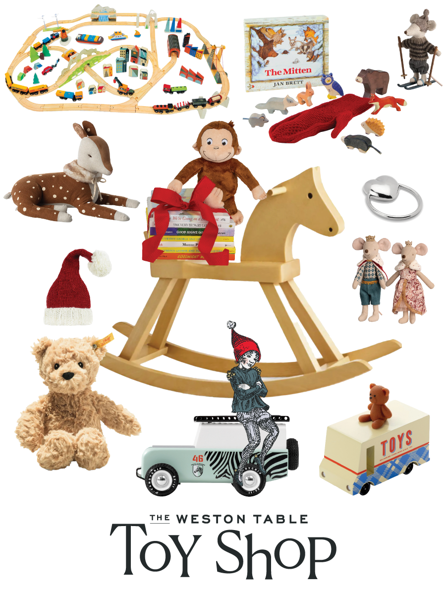 Collection of toys including a wooden rocking horse, Steiff teddy bear, Maileg mice, and other items in the Weston Table Toy Shop.