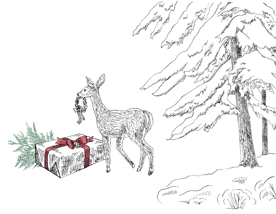 Illustration of a deer with a gift and greenery and a snow-covered tree on a transparent background