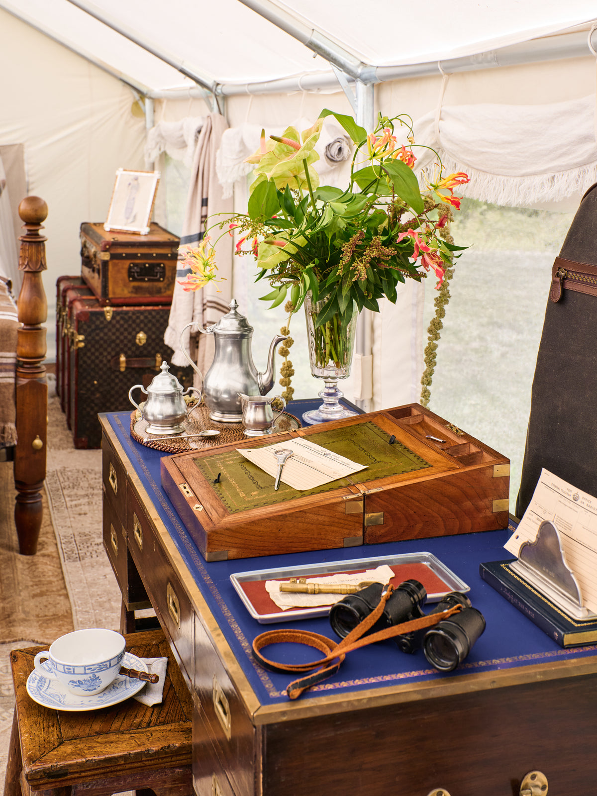 Vintage 1860s Writing Slope with Green Embossed Leather Weston Table