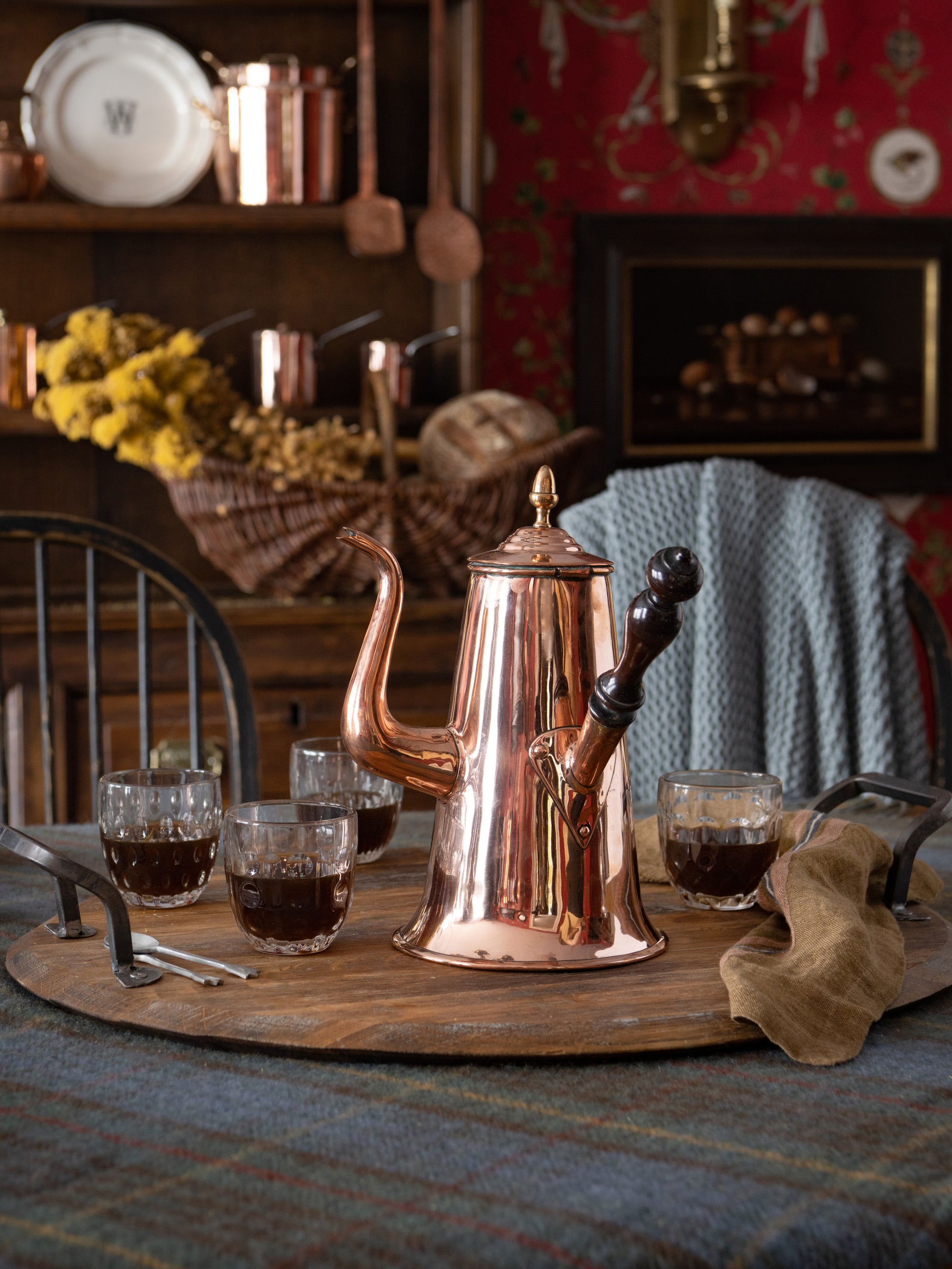 Vintage 1870 English Mahogany Handled Copper Coffee Pot Weston Table