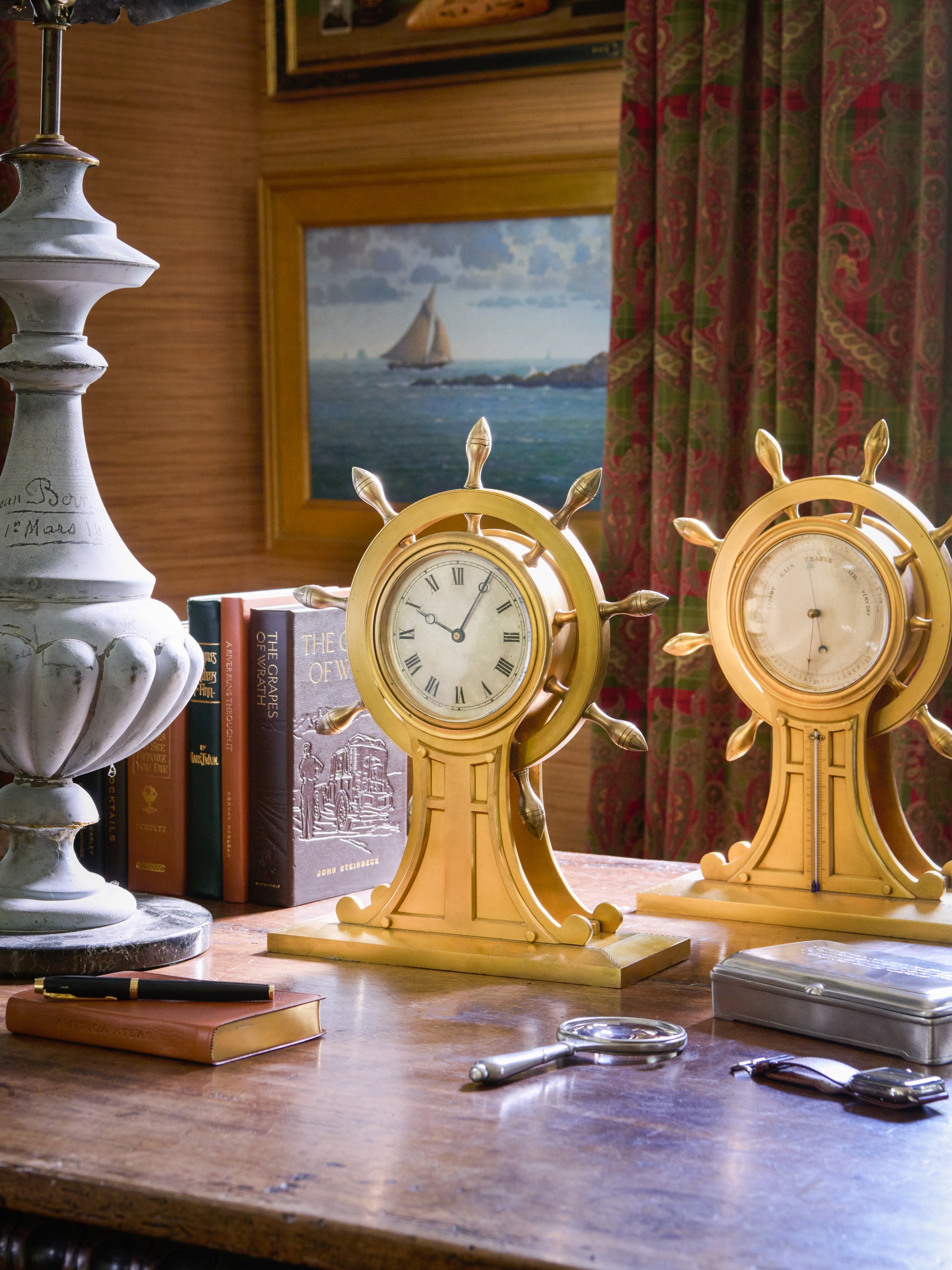 Vintage 1870s English Maritime Clock & Barometer Set Weston Table