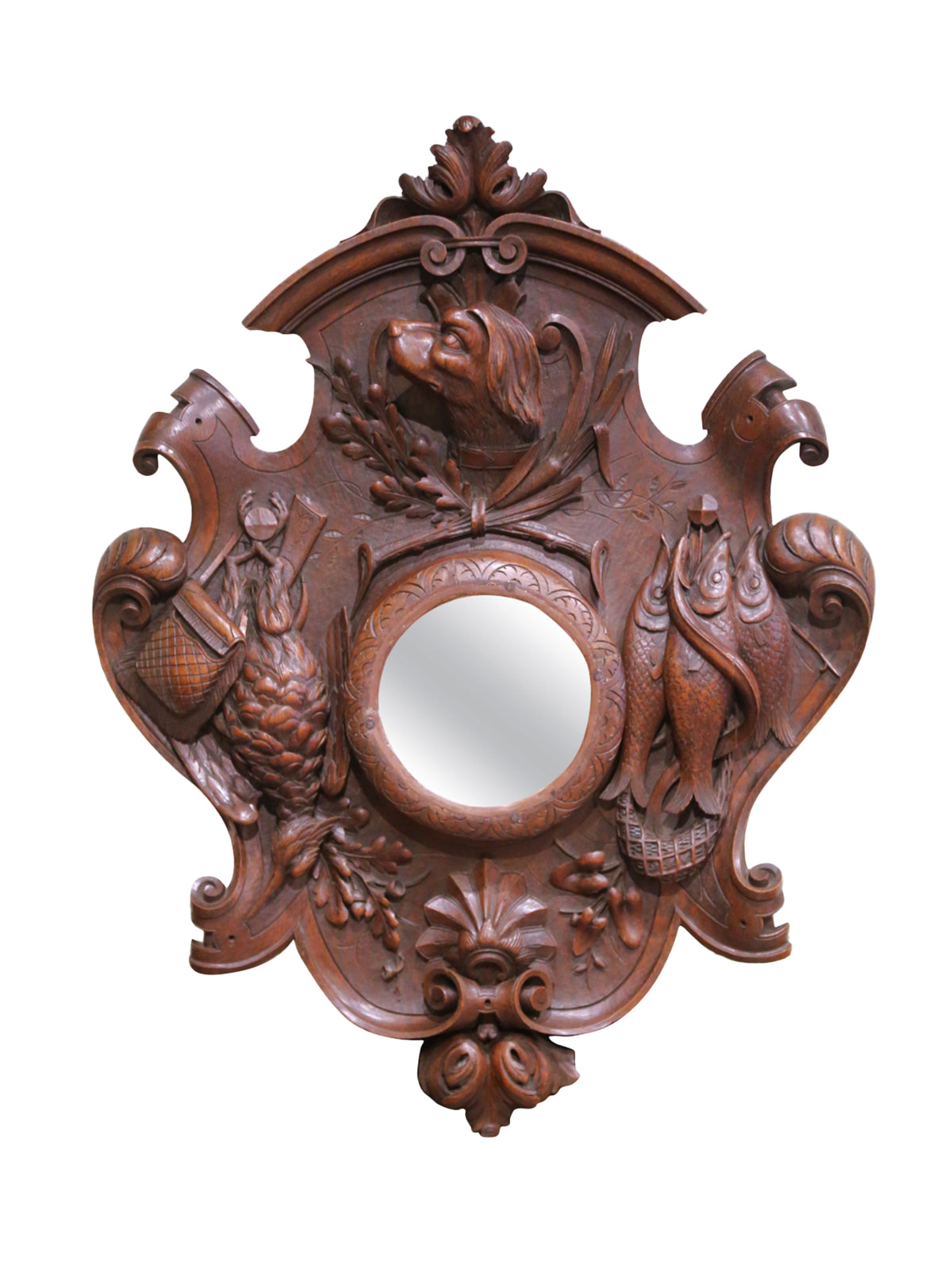 Vintage 1880s Black Forest Carved Walnut Mirrored Hunting Trophy Weston Table