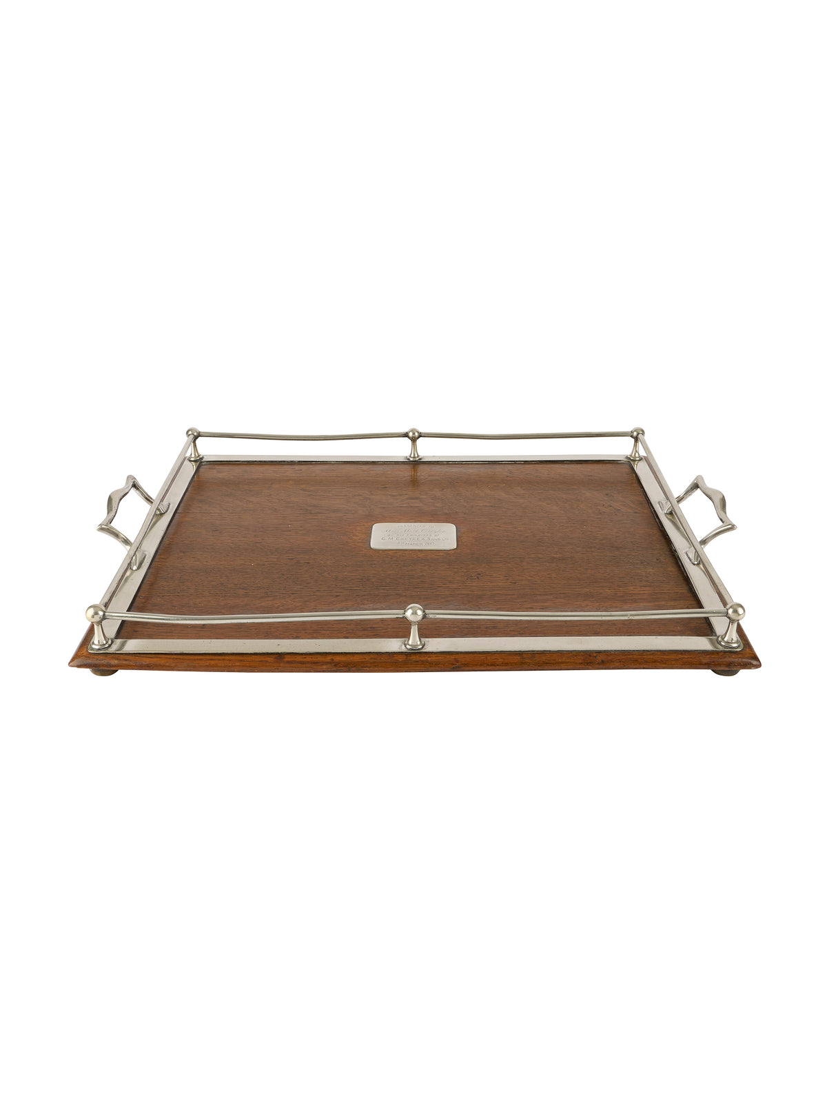 Vintage 1880s English Monogrammed Rectangular Serving Tray with Silver Plate Rails Weston Table