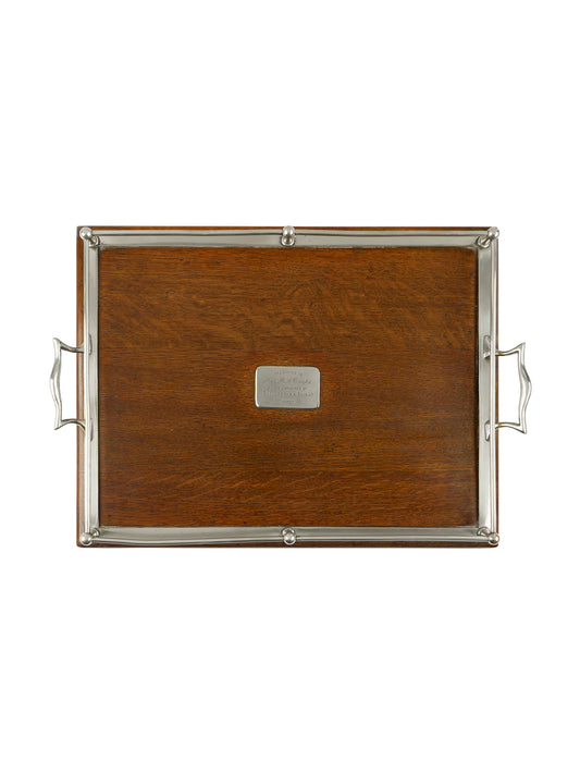 Vintage 1880s English Monogrammed Rectangular Serving Tray with Silver Plate Rails Weston Table