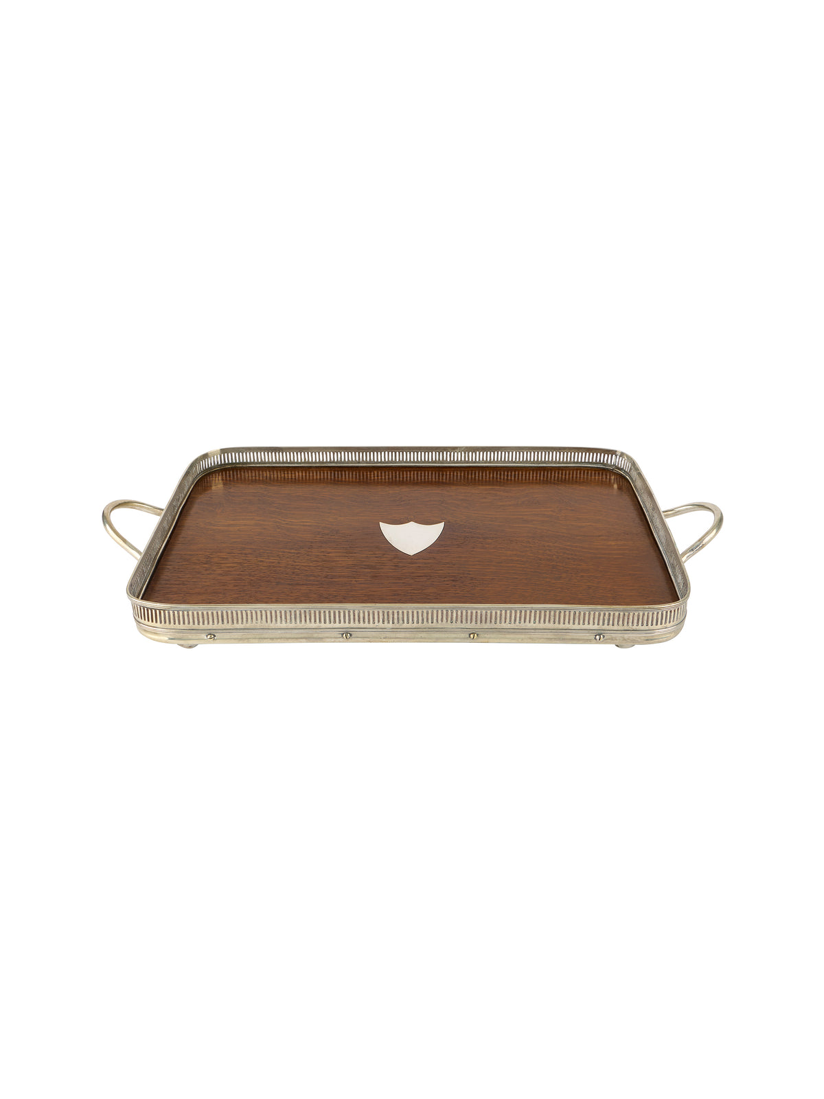 Vintage 1880s English Oak Wood & Silver Plate Tray with Shield Weston Table