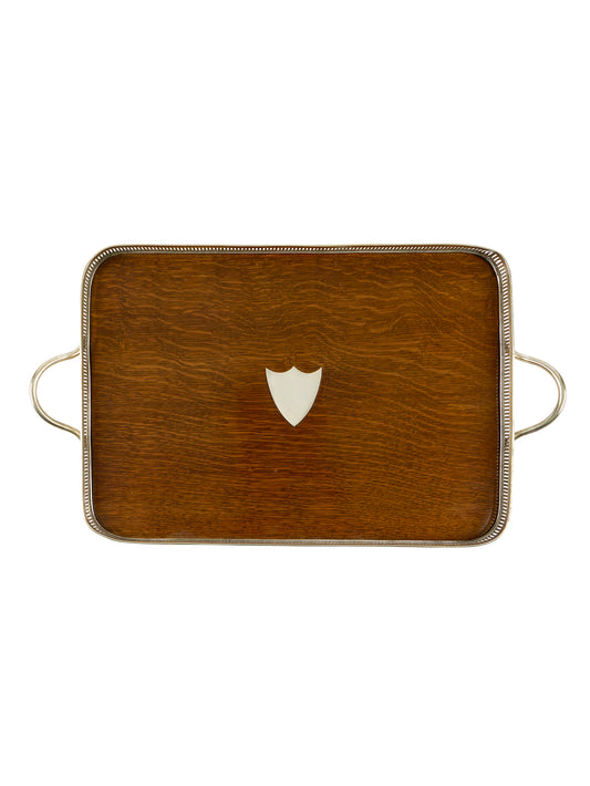 Vintage 1880s English Oak Wood & Silver Plate Tray with Shield Weston Table