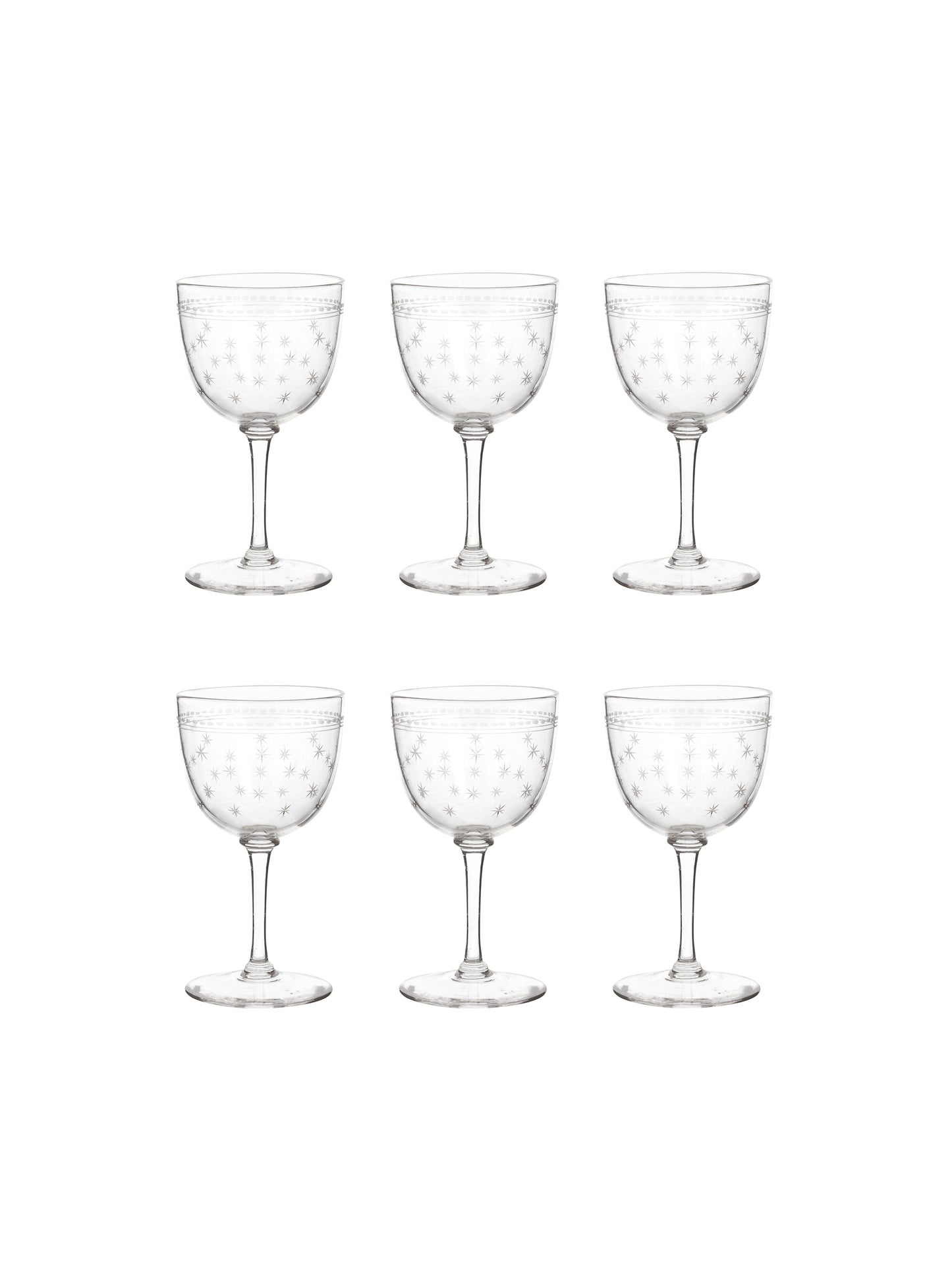 Vintage 1880s English Star Etched Aperitif Glasses Set of Six Weston Table