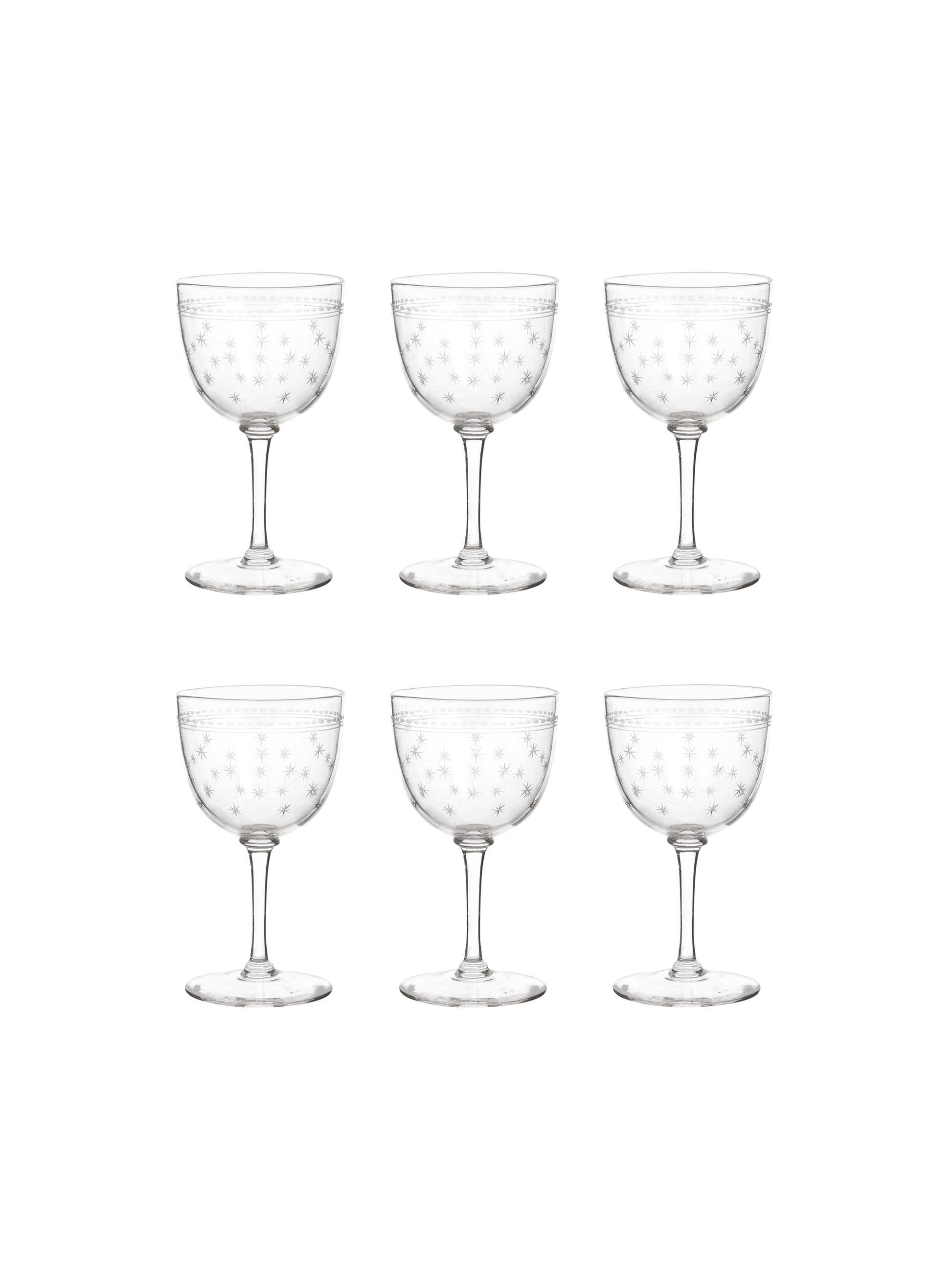 Vintage 1880s English Star Etched Aperitif Glasses Set of Six Weston Table