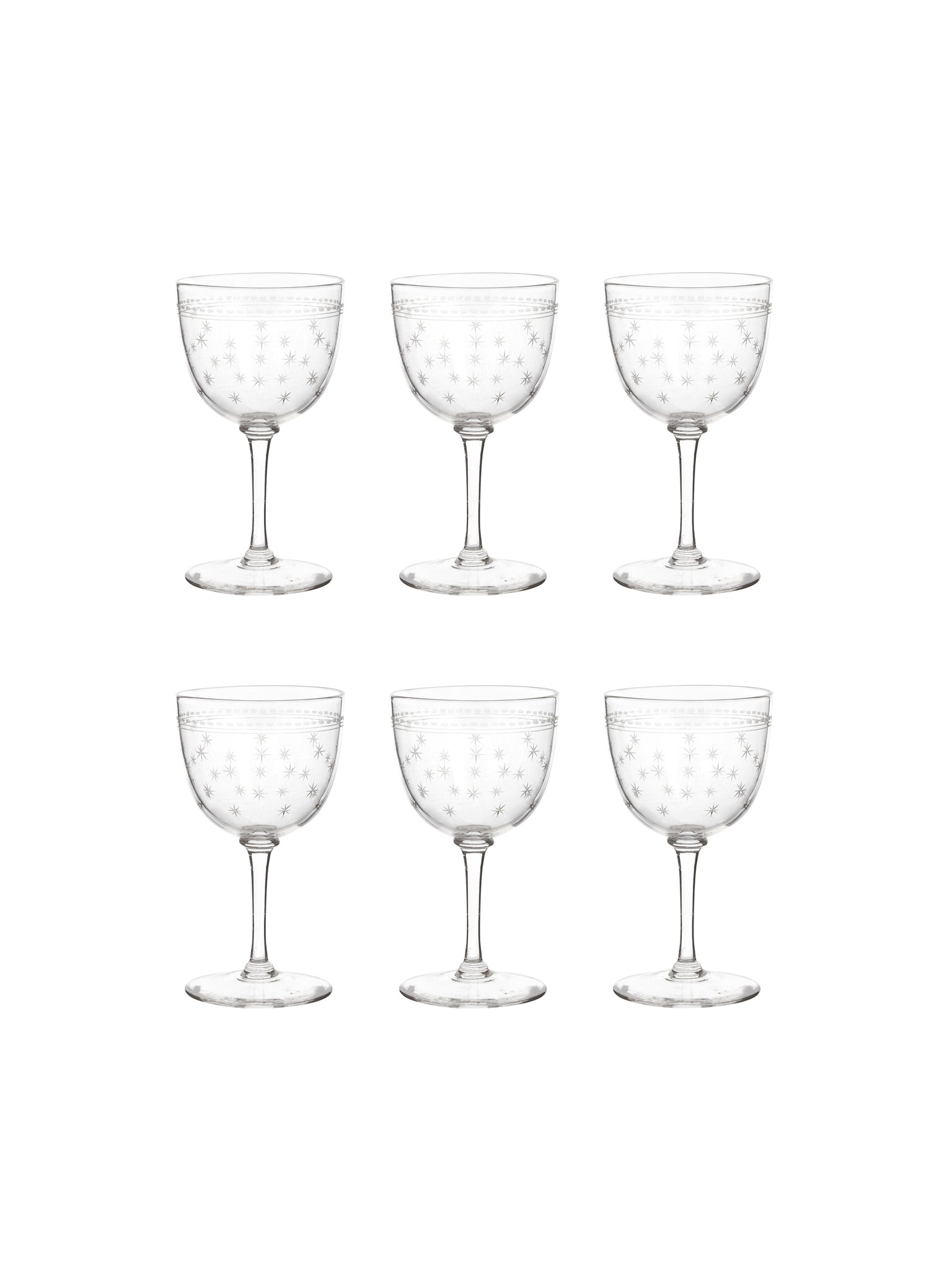 Vintage 1880s English Star Etched Aperitif Glasses Set of Six Weston Table