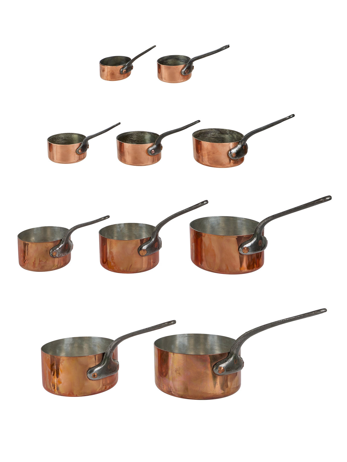 Vintage 1880s French Set of 10 Graduated Copper Pots Weston Table