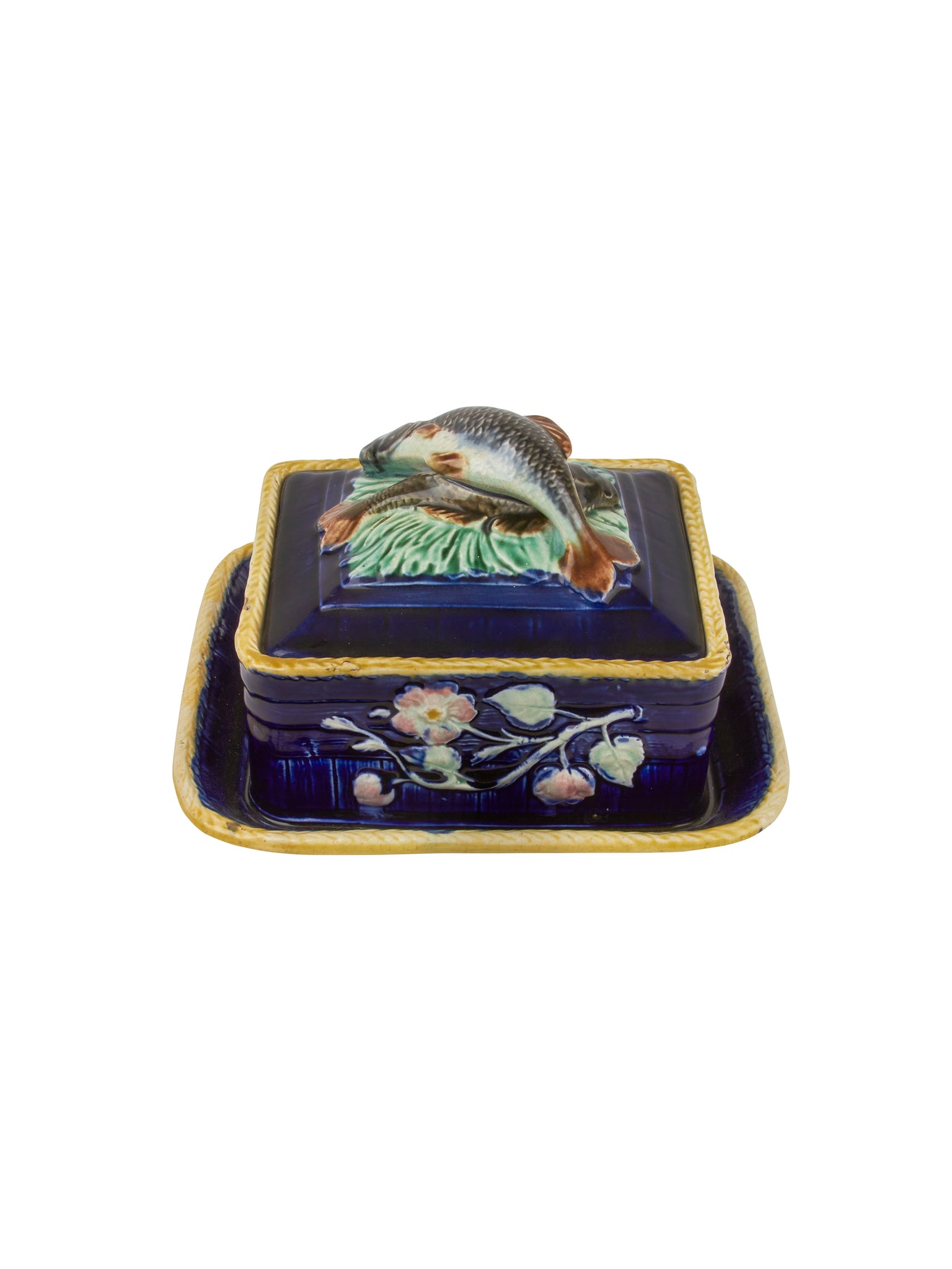 Vintage 1880s George Jones Majolica Cobalt Sardine Box Weston Table