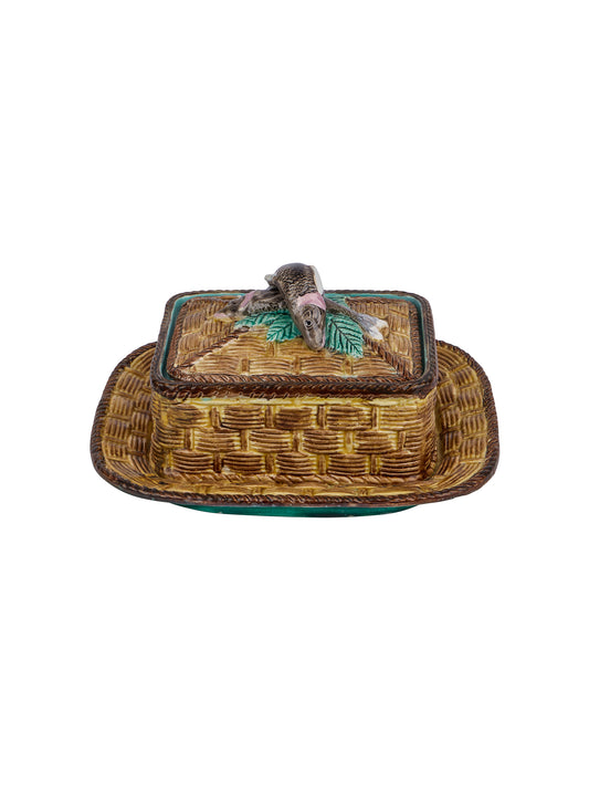 Vintage 1880s George Jones Majolica Yellow Basket Sardine Box Weston Table