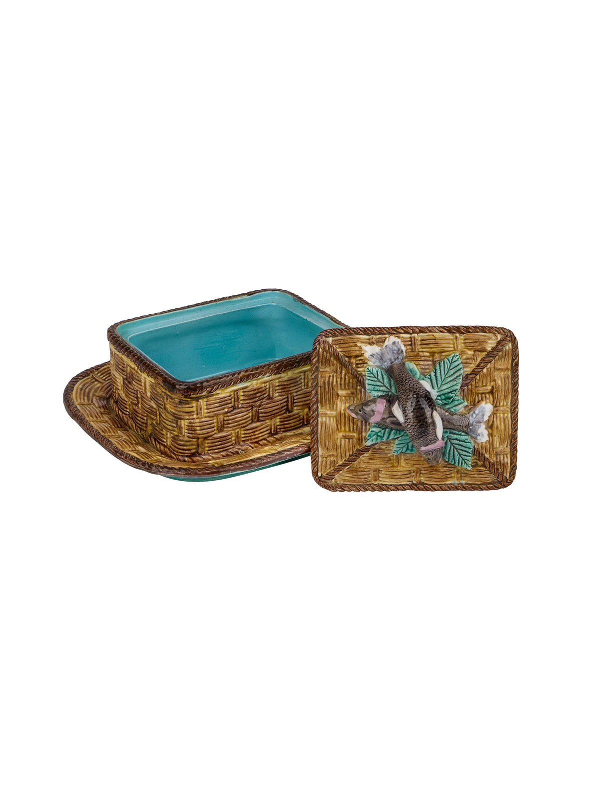 Vintage 1880s George Jones Majolica Yellow Basket Sardine Box Weston Table