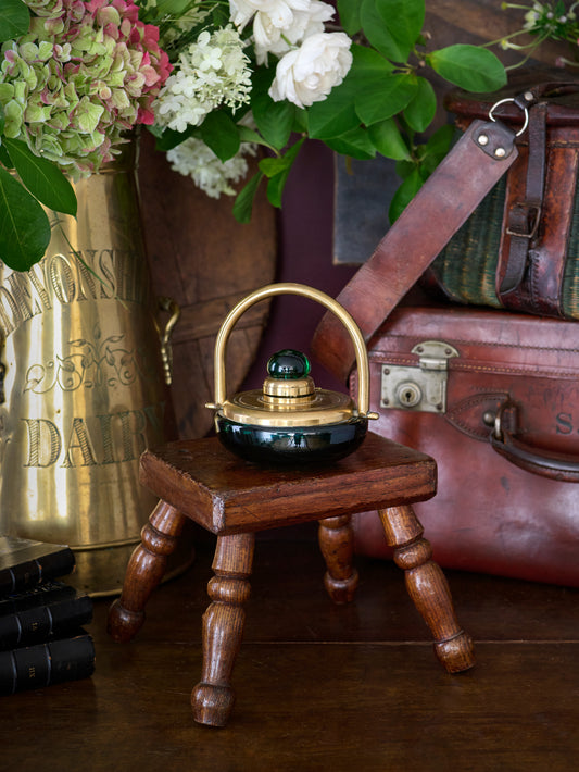 Vintage 1900 English Emerald Glass and Brass Inkwell Weston Table