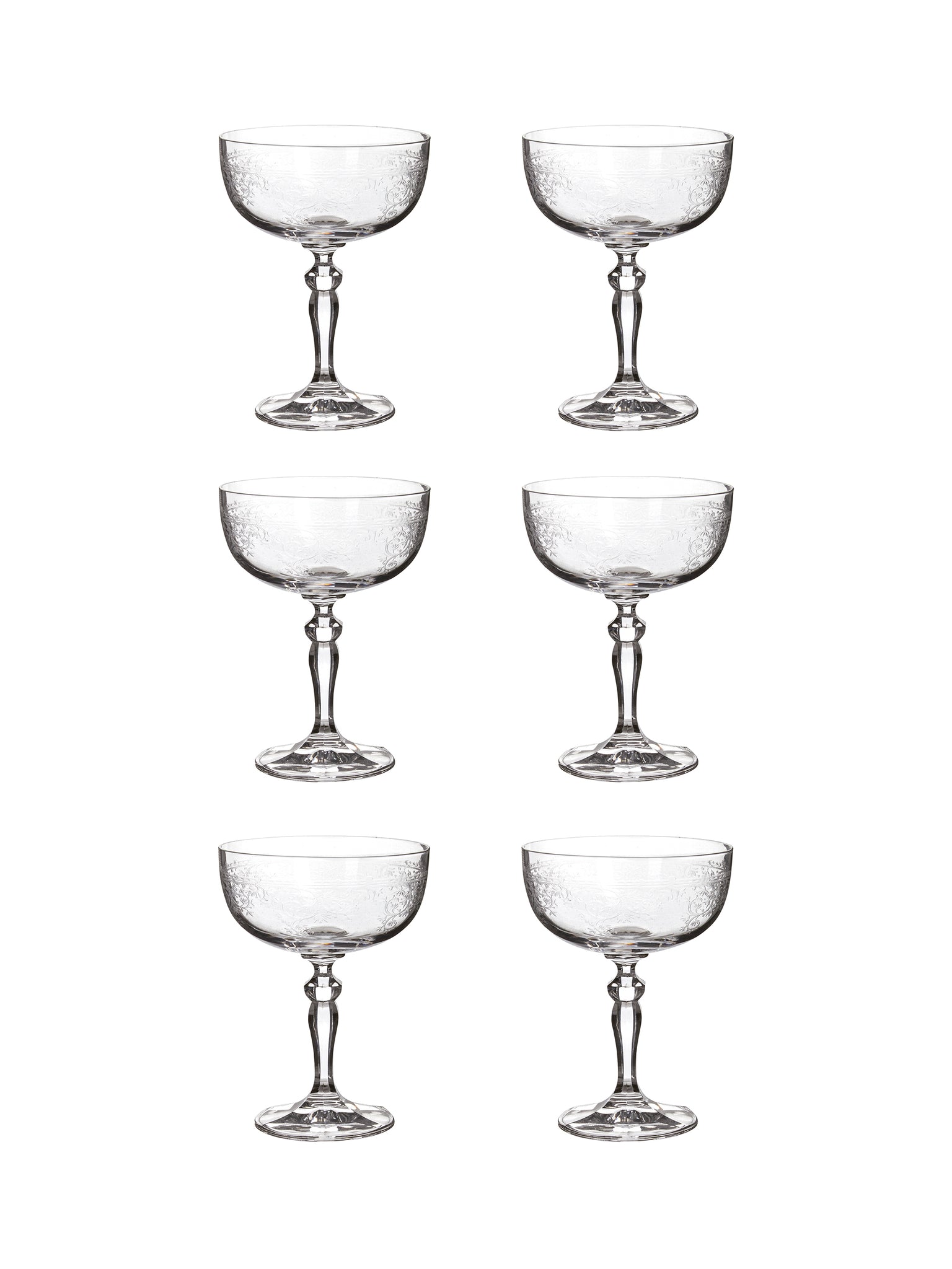 Vintage 1900 English Floral Etched Cocktail Coupes Set of Six Weston Table