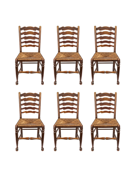 Vintage 1900 English Oak Ladder Back Chairs Set of Six Weston Table