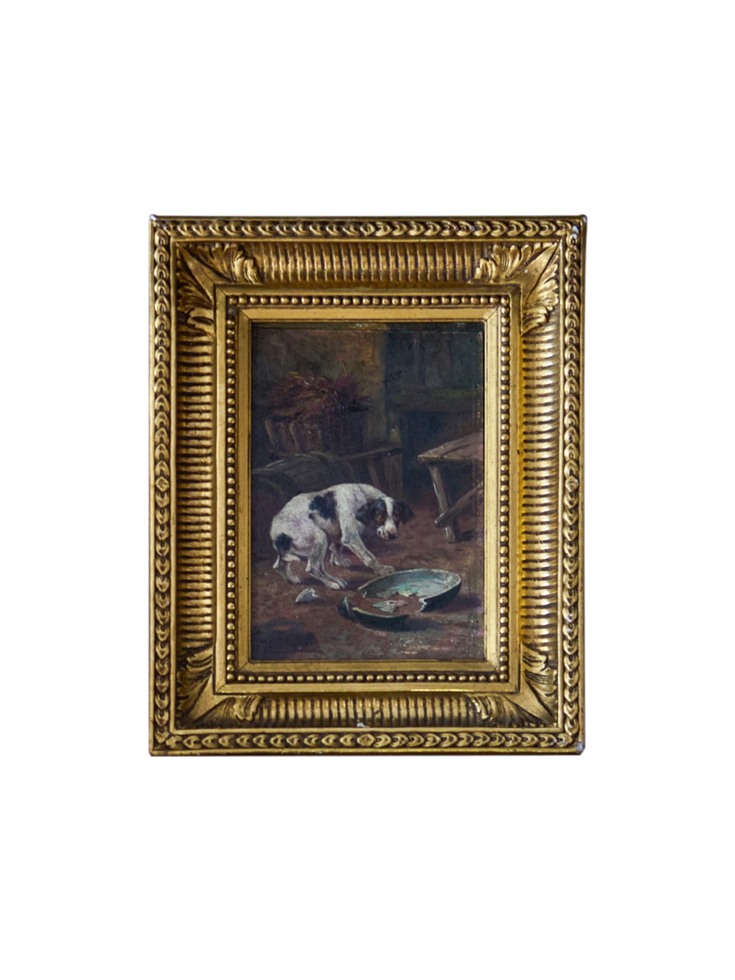 Vintage 1900 French Dog Oil Painting Weston Table