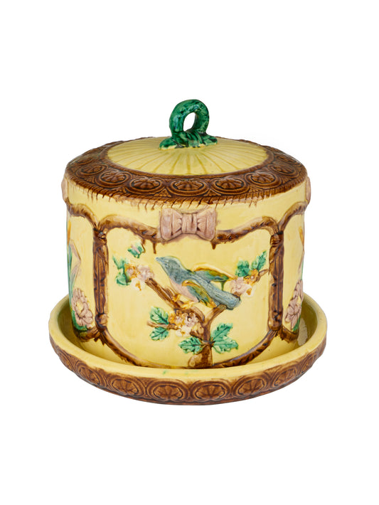 Vintage 1900 Majolica Bird and Flower Cheese Dome Weston Table