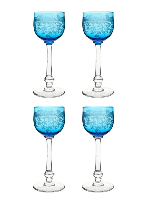 Vintage 1900 Saint Louis Blue Etched Crystal Wine Glasses Weston Table