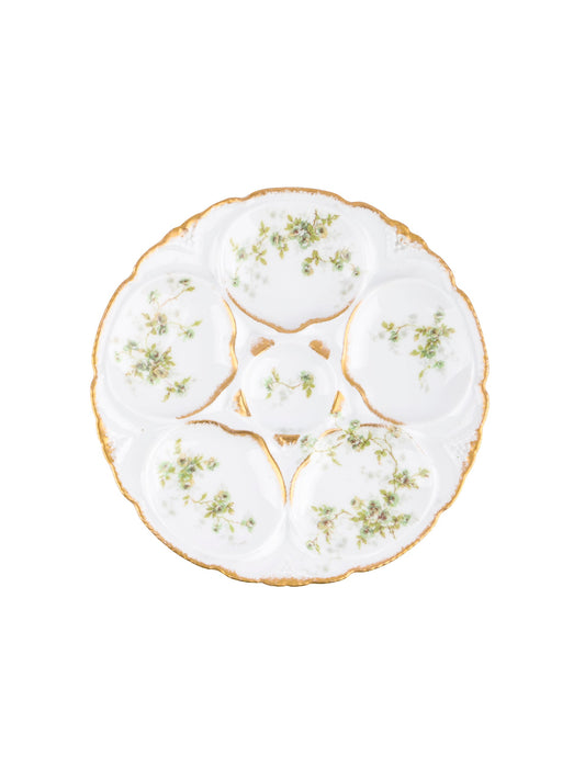 Vintage 1900 Theodore Haviland Limoges Gilt and Green Flower Oyster Plate Weston Table