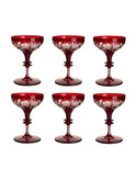 Vintage 1900s Bohemian Ruby Grape Leaf Etched Cocktail Coupes Set of Six Weston Table
