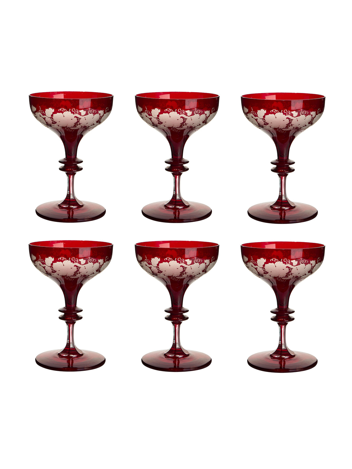 Vintage 1900s Bohemian Ruby Grape Leaf Etched Cocktail Coupes Set of Six Weston Table
