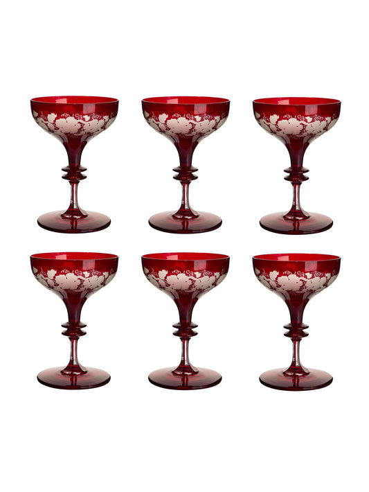 Vintage 1900s Bohemian Ruby Grape Leaf Etched Cocktail Coupes Weston Table