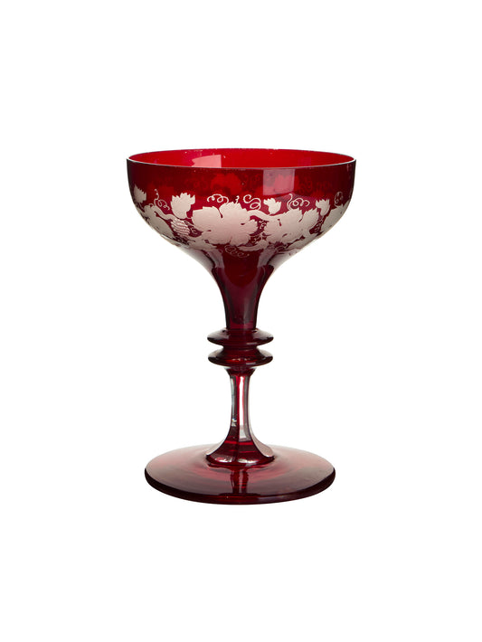 Vintage 1900s Bohemian Ruby Grape Leaf Etched Cocktail Coupes Weston Table
