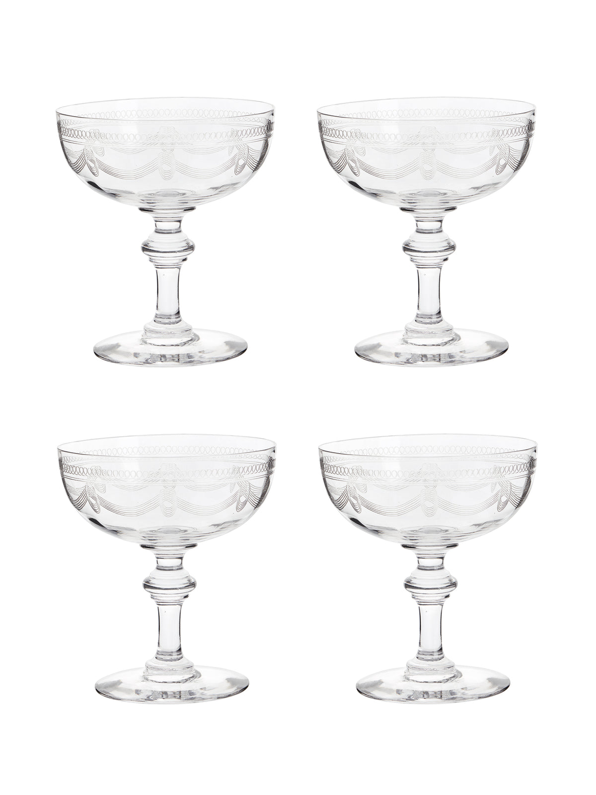 Vintage 1900s French Etched Cocktail Coupes Set of Four Weston Table