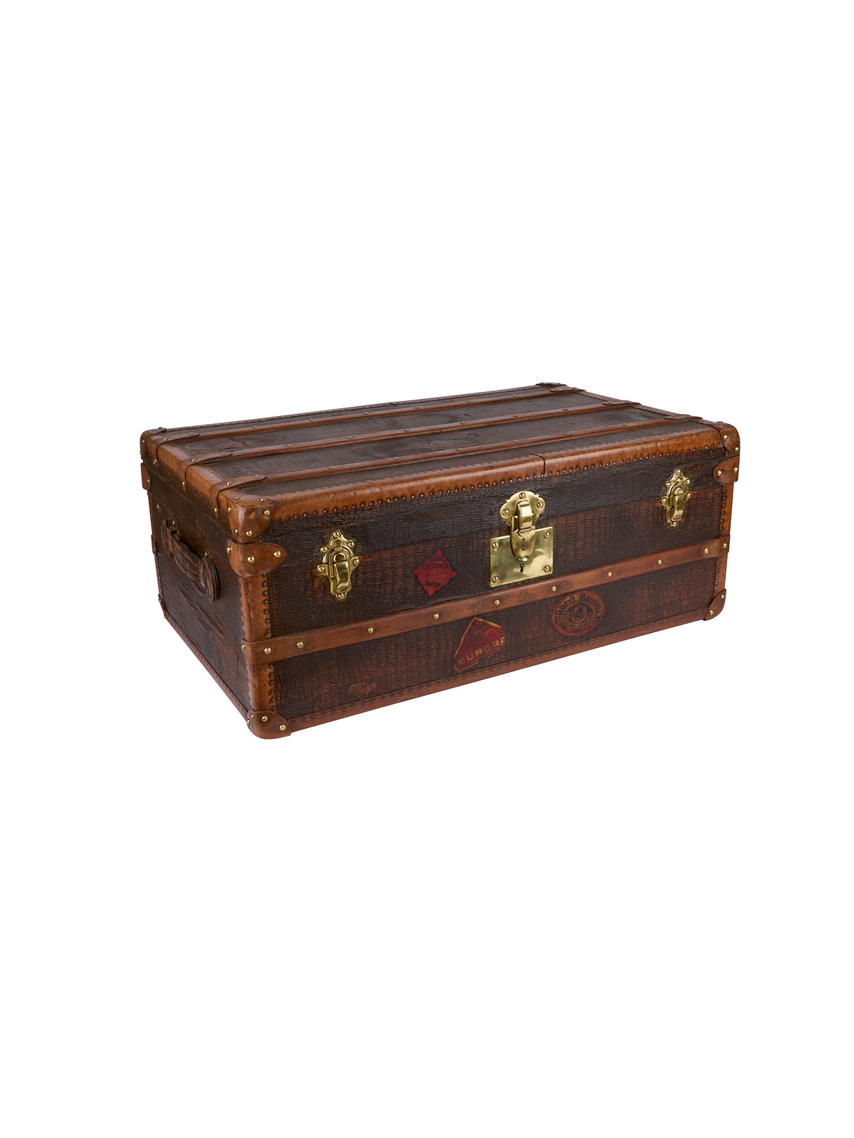 Vintage 1910 French Brass Trimmed Wood Traveler's Trunk One Weston Table