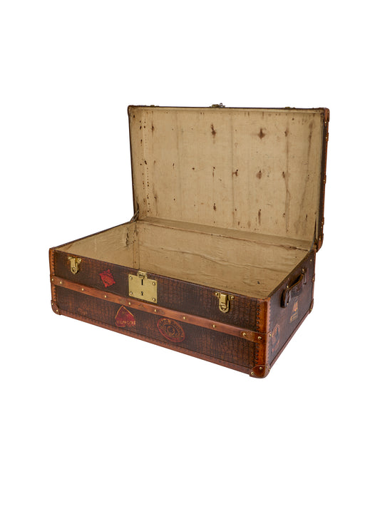Vintage 1910 French Brass Trimmed Wood Traveler's Trunk One Weston Table