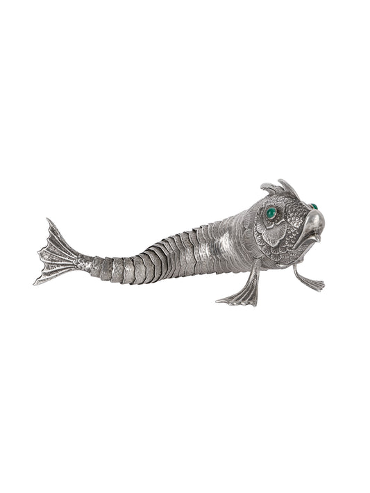 Vintage 1910 Sterling Silver Articulated Fish with Green Glass Eyes One Weston Table