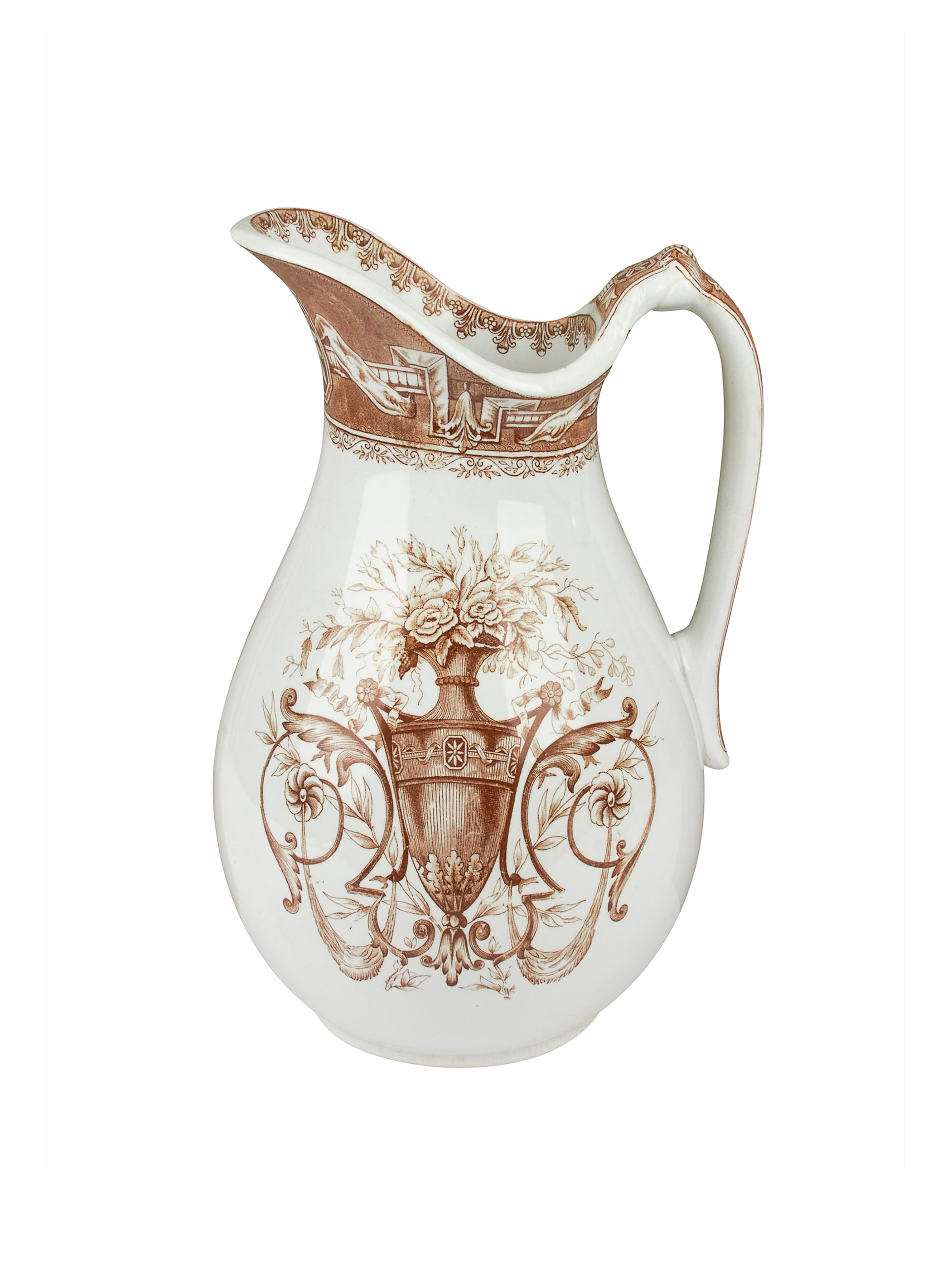 Vintage 1910s French Brown and White Transferware Pitcher Weston Table