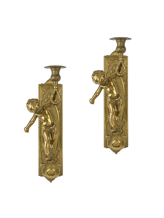 Vintage 1920 French Brass Cherub Wall Candlesticks Weston Table