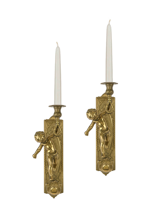 Vintage 1920 French Brass Cherub Wall Candlesticks Weston Table