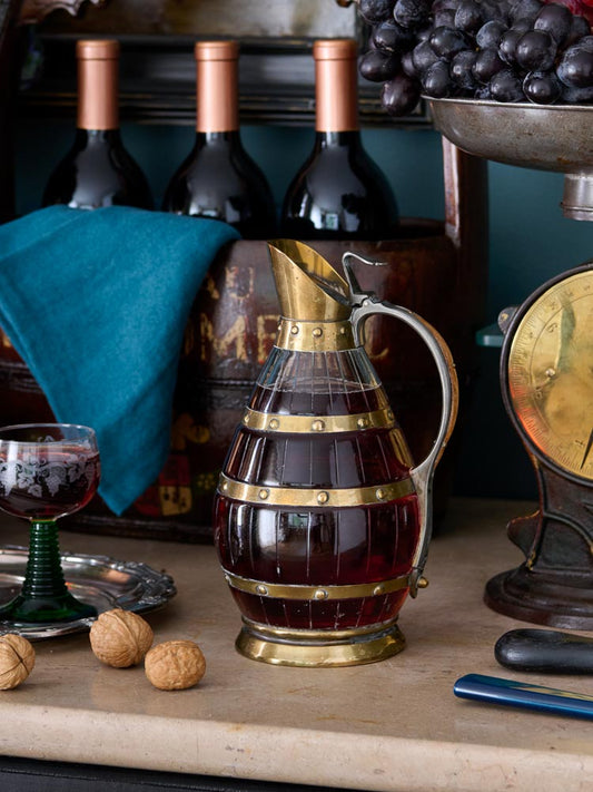 Vintage 1920s Brass Coopered Glass Lidded Wine Jug Weston Table