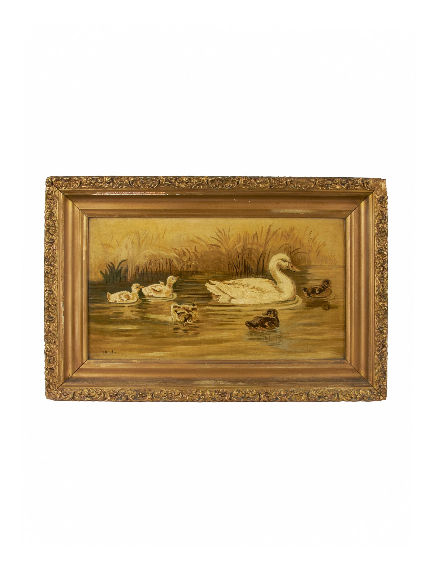 Vintage 1920s Ducks in Pond Oil Painting Weston Table