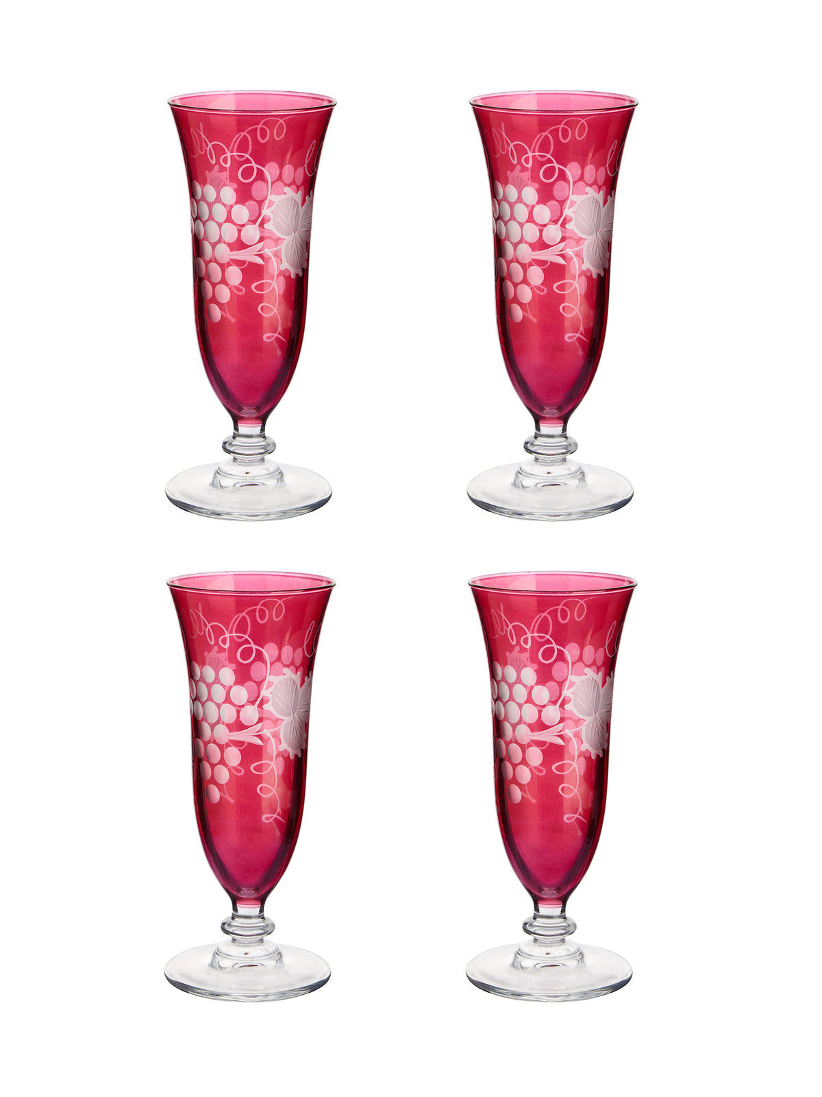 Vintage 1920s Etched Grapes and Leaves Cranberry Champagne Flutes Set of Four Weston Table