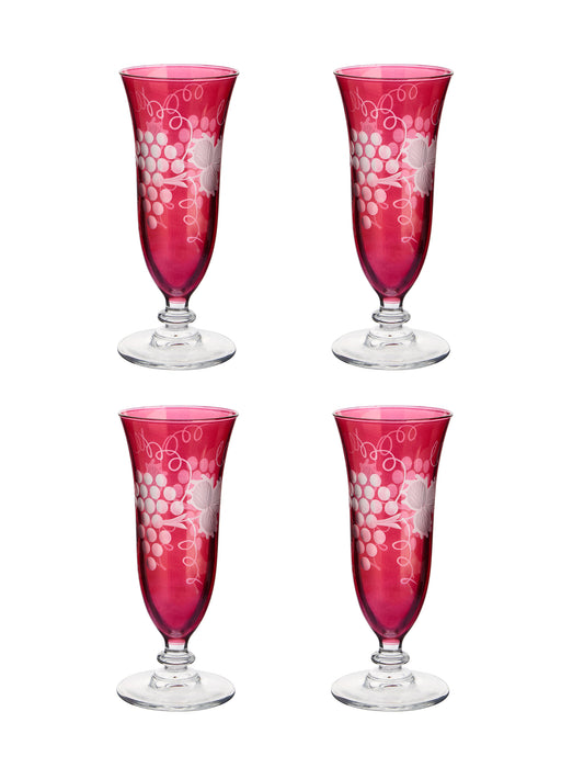 Vintage 1920s Etched Grapes and Leaves Cranberry Champagne Flutes Set of Four Weston Table
