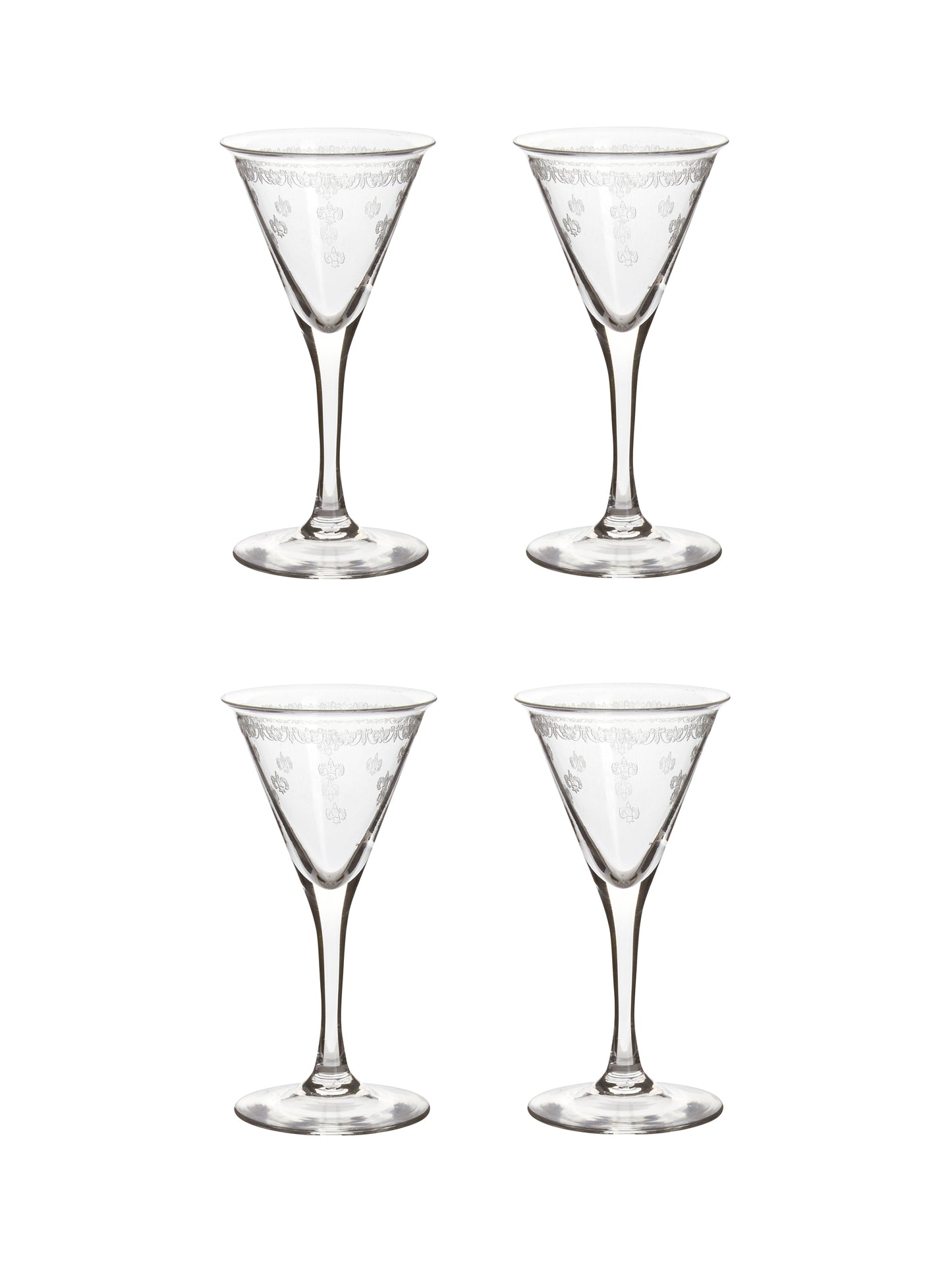 Vintage 1920s Fleur-de-Lis Crystal Aperitif Glasses Set of Four Weston Table