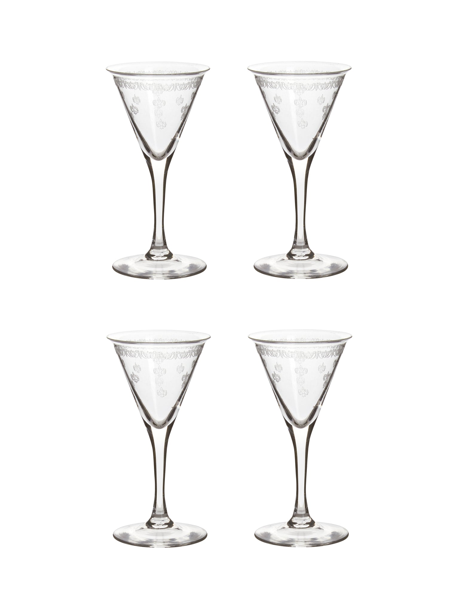 Vintage 1920s Fleur-de-Lis Crystal Aperitif Glasses Set of Four Weston Table