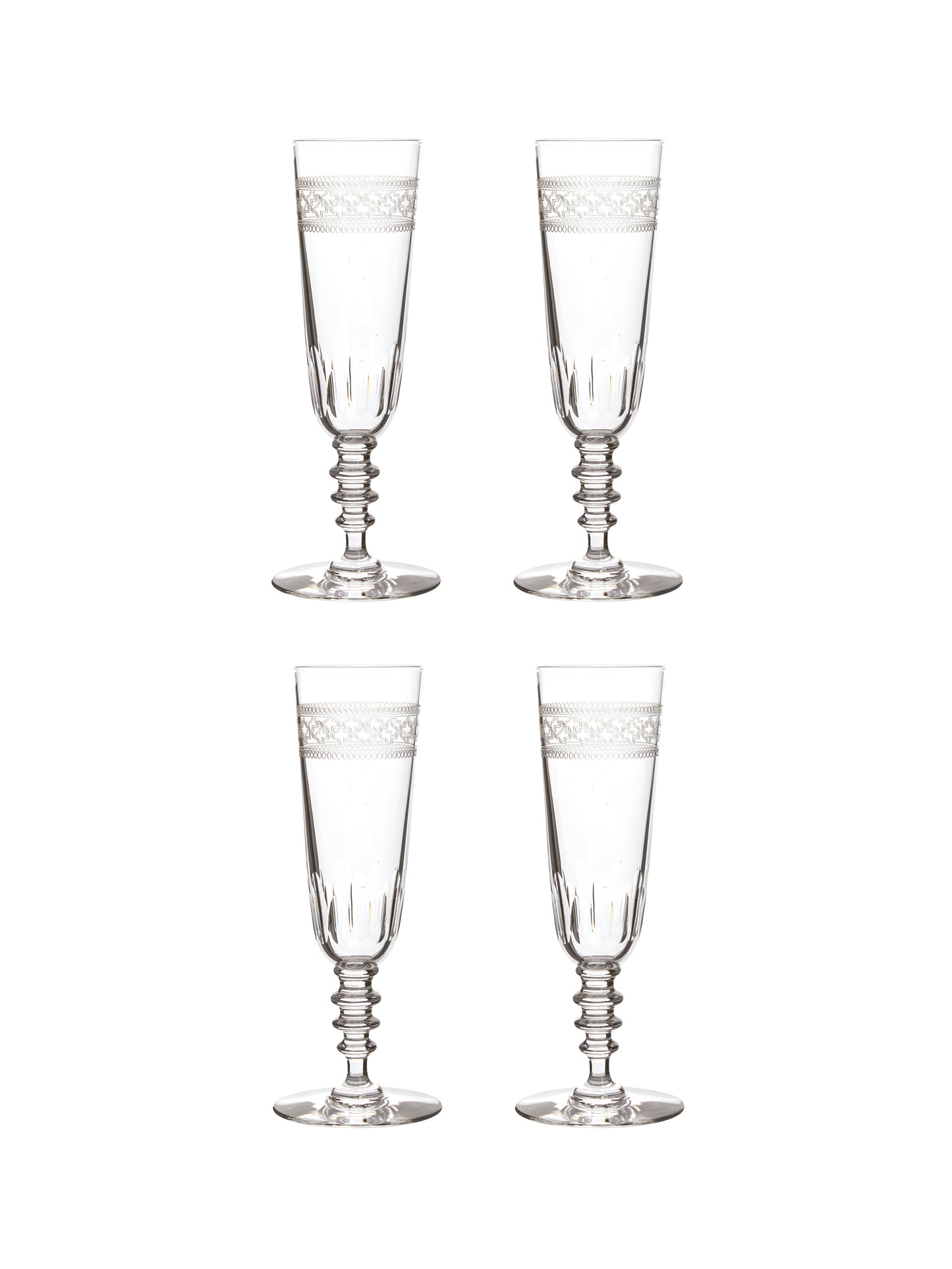 Vintage 1920s French Crystal Engraved Champagne Flutes Set of Four Weston Table