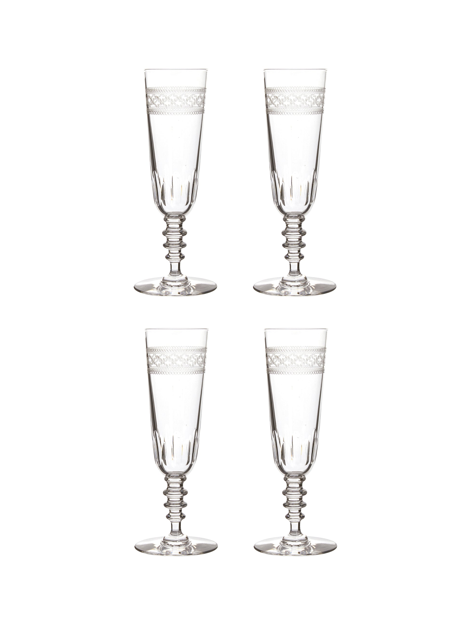 Vintage 1920s French Crystal Engraved Champagne Flutes Set of Four Weston Table