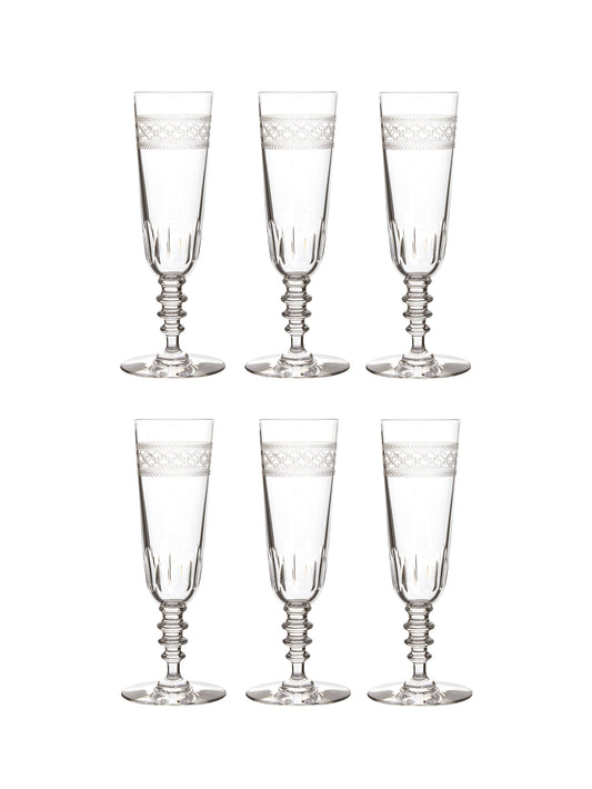 Vintage 1920s French Crystal Engraved Champagne Flutes Set of Six Weston Table