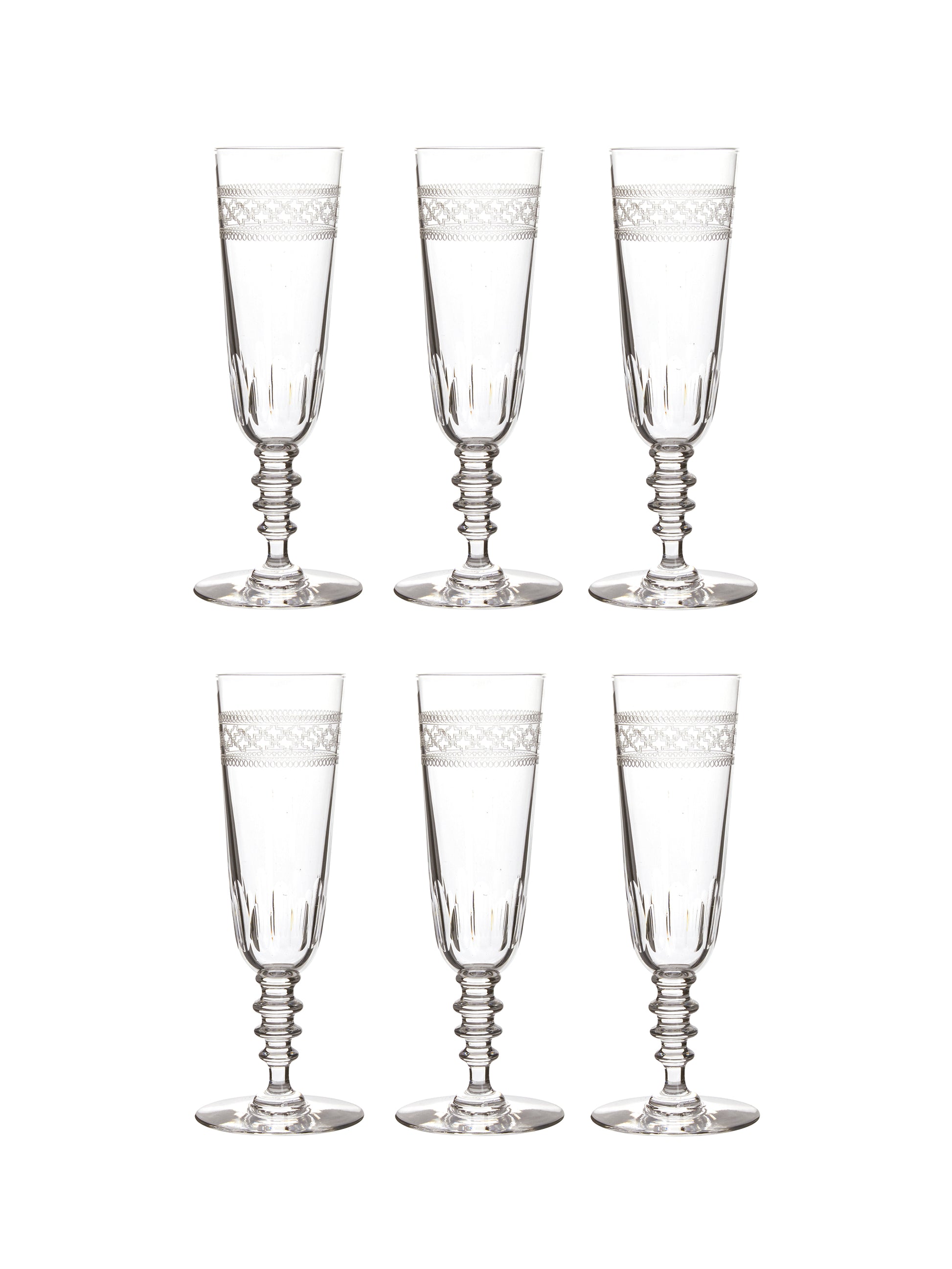 Vintage 1920s French Crystal Engraved Champagne Flutes Set of Six Weston Table